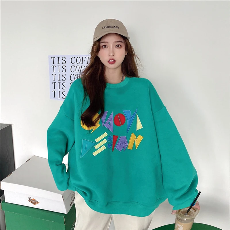 

CN Sweatshirt Women Korean 2021 Winter Fashion Casual Printing Mid Length Pullover O Neck Fleece Long Sleeve Women Sweatshirt