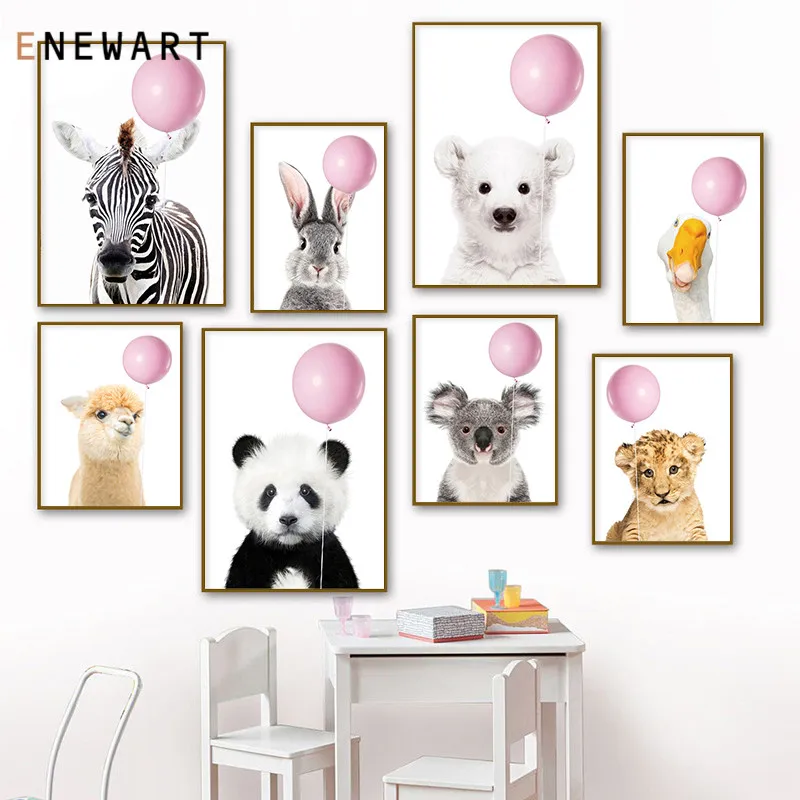Детская Wall Art розовый шар Кролик картина слона на холсте жираф лев тигр