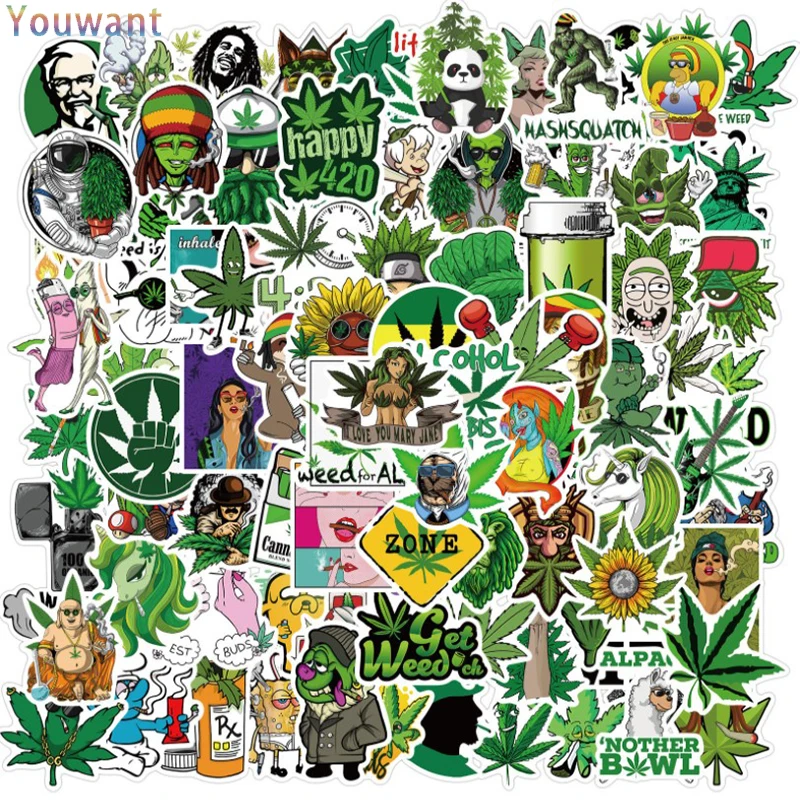 

100Pcs Joke Rock Hip-Hop Character Leaves Graffiti Stickers Kid Classic Toy Travel Luggage Guitar Waterproof Weed Leaf PVC Decal