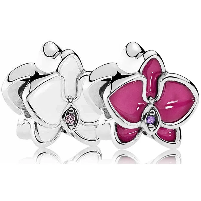 

Шарм-бусина из серебра 925 пробы в виде цветка орхидеи с белой и красной эмалью