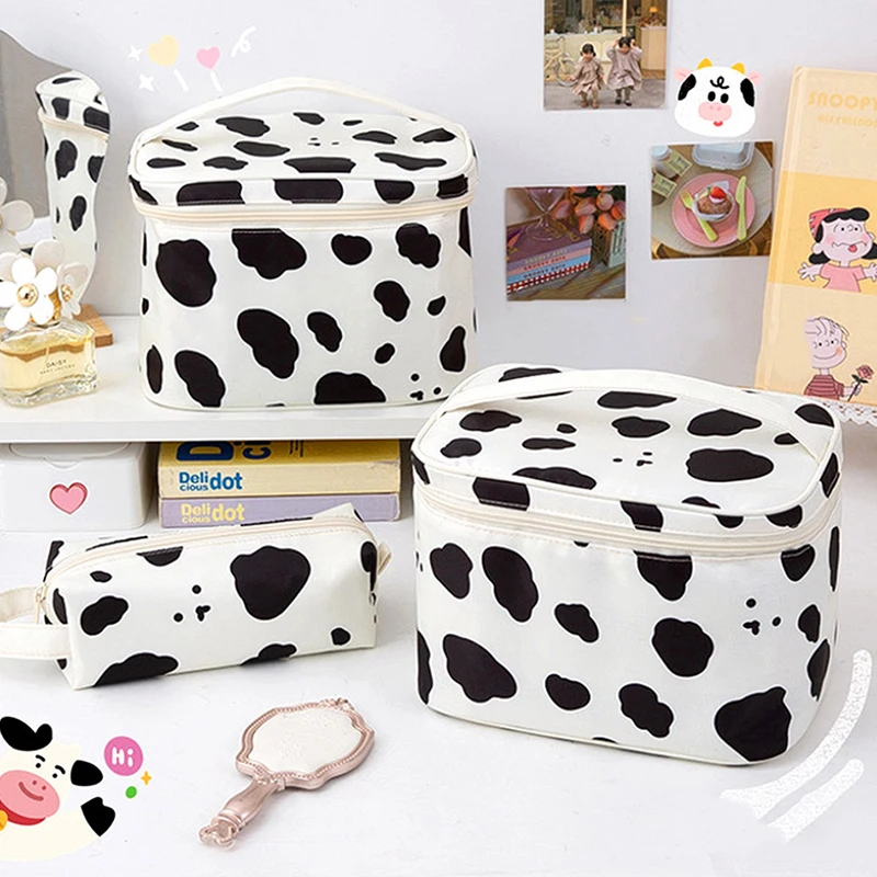 

Cute Milk Cow Makeup Brush Storage Bag Portable Women Cosmetic Bag Pencil Case Organizer Large Capacity Travel Waterproof Bags