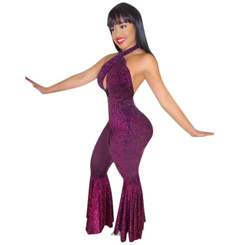 2017 модный сексуальный женский Блестящий комбинезон без рукавов с лямкой на шее