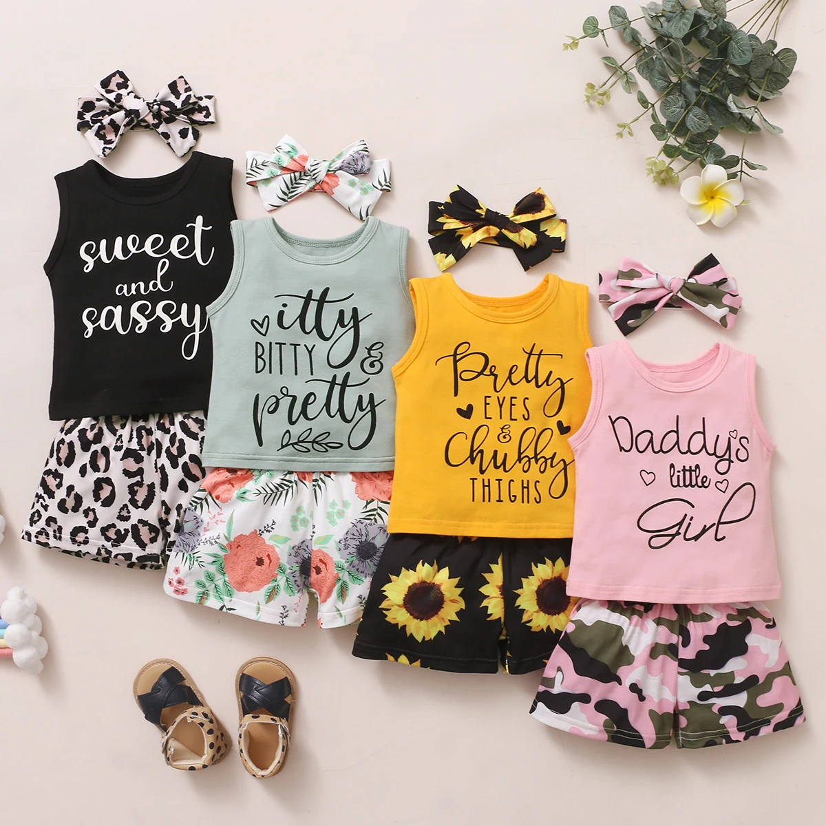 

0-4 years old infant sports children's pure cotton soft printed multicolor blouse + 4 color shorts set with bow headband