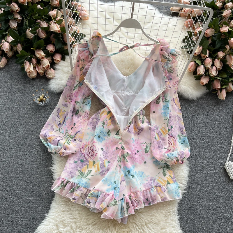 

Amolapha Women Beach Style Rompers Summer Printed Floral Ruffles Casual Short Jumpsuit Long Sleeve Slim Sexy Vacation Playsuit