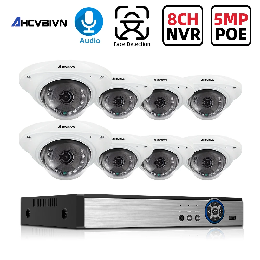 

AHCVBIVN H.265 8CH 5MP POE Face Audio Record NVR IP Security Camera System Kit Outdoor Waterproof CCTV Dome Surveillance Set