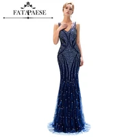 navy bule luxury crystal beaded with feathers mermaid evening dresses long v neck spaghetti strap evening gown formal dress