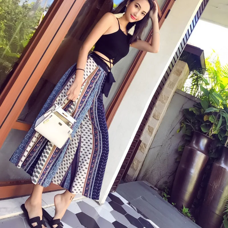 

2021 new style skirt pants Hong Kong style chic Capris loose high waist National Snow spinning wide leg pants women's summer