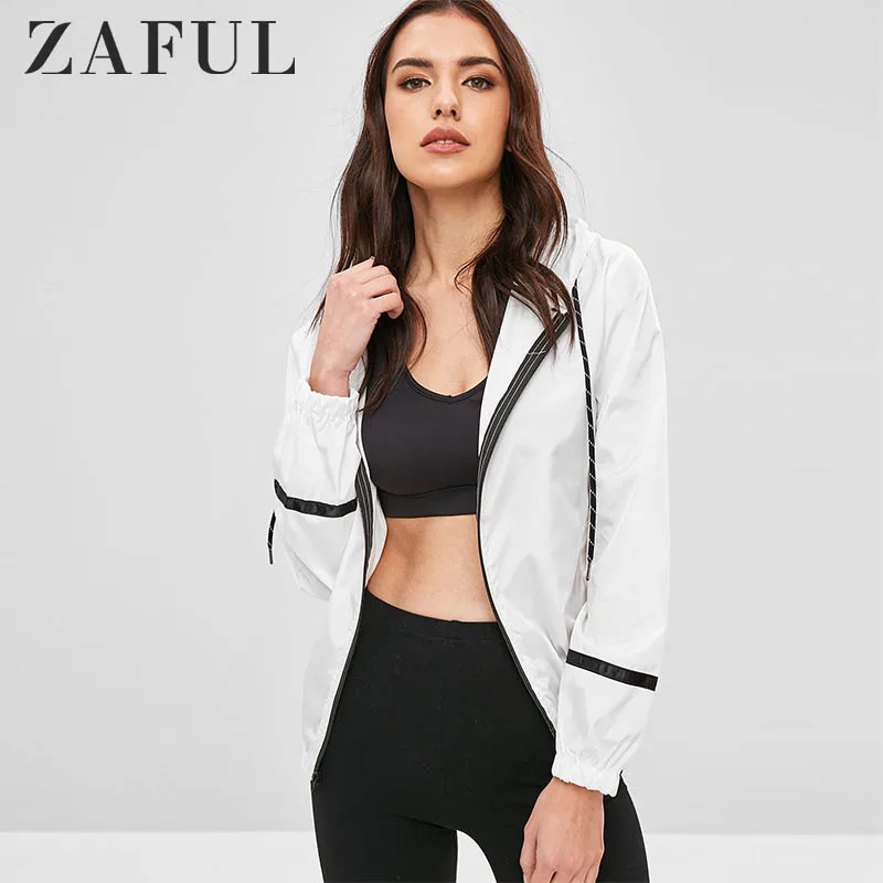 ZAFUL Stripe Panel Windbreaker Jacket Zipper Autumn Women Streetwear Wide-waisted Hooded 2019 lace Up Long Sleeve | Женская одежда