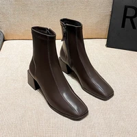 2021winter new boots womens mid heel square toe side zipper root skinny all match high heel stretch design sense car stitching
