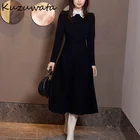 Женское трикотажное платье Kuzuwata, однотонное трикотажное приталенное платье со съемным кружевом, отворотом и длинным рукавом, Осень-зима 2022