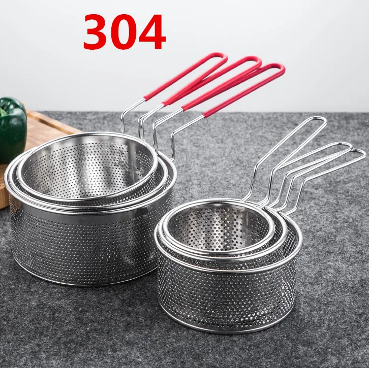 

304 stainless steel hot Frying Fried Basket Frying Pan Filter Food Colander Oil Leak Cocoa Sieve Mesh noodle Dumplings Strainer