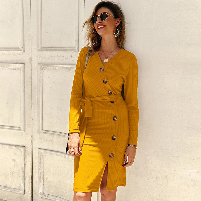 

Knitted Dress 2019 Solid Autumn Sweater Dress Sexy Woman Sheath Dresses Long Sleeve V-neck Button Dresses Elegant Vestidos