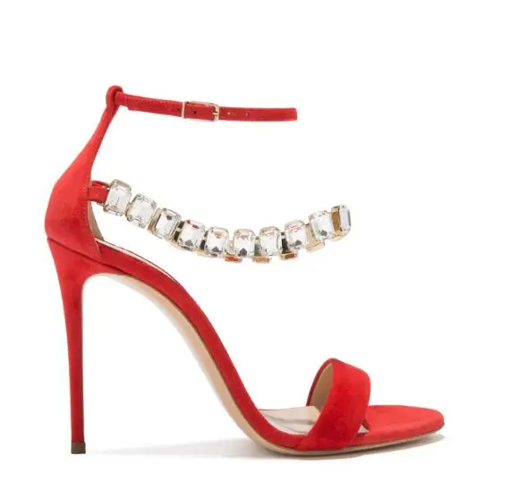 

Moraima Snc Summer High Heel Sandal Black Red Suede Ankle Strap Gladiator Shoes Crystal Embellished Party Wedding Shoes