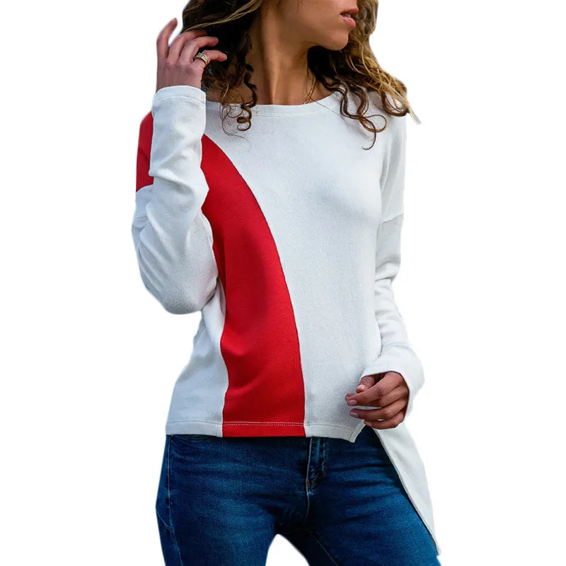 

Spring Autumn Cotton Classic Tees Shirts for Women Tops 2019 New White Blue Patchwork Irregularity Long Sleeve T-Shirt Blusas