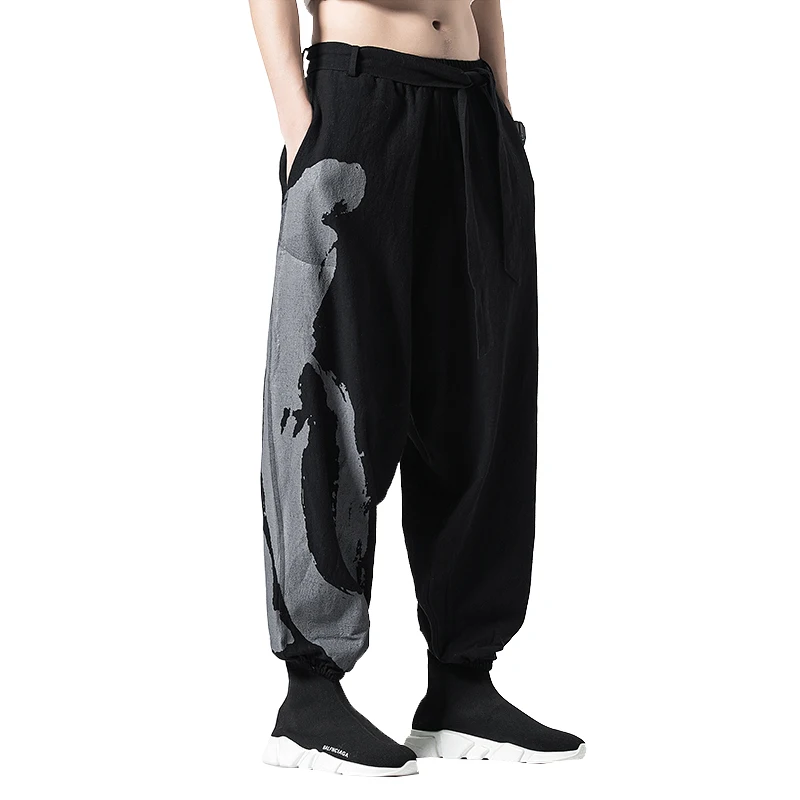 

Men Casual Loose Cotton Linen Print Pantstreetwear Male Elastic Waist Harem Trousers Joggers Sweatpants Travel Clothing