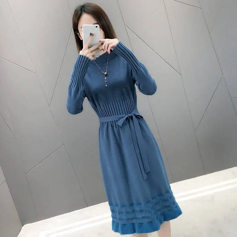 Осень зима 2019 женское элегантное однотонное платье свитер толстое с длинным