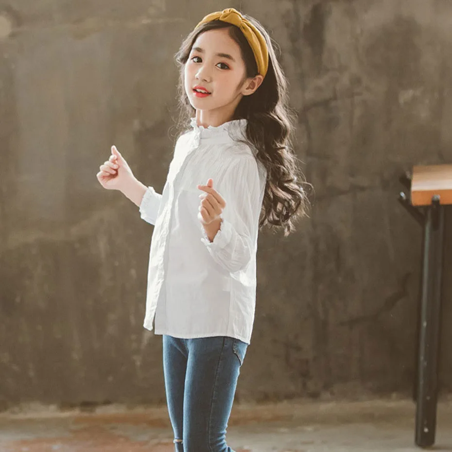 Блузка для девочек однотонная белая блузка Длинные рубашки школьная одежда на