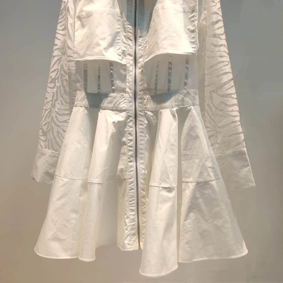 

2021 Spring New Women'S Fashion Lapel Zipper Stripe Stitching Open High Waist A-Line White Short Shirt Dress