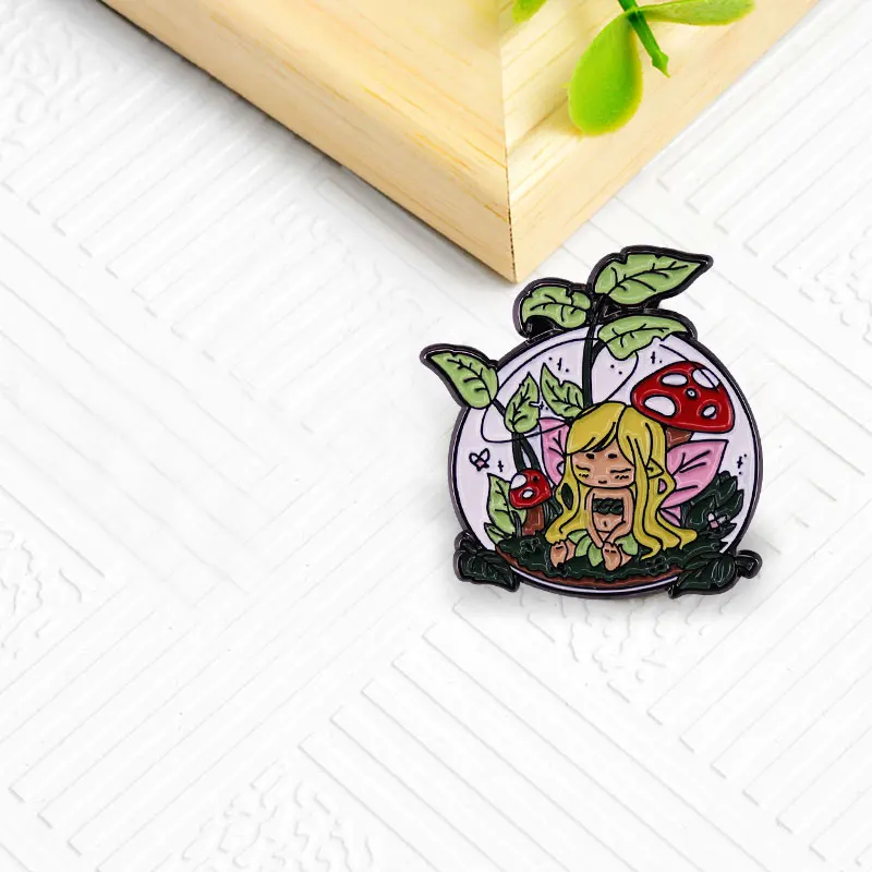 Милый лесной эльф булавка для лацкана весенний яркий растительный листья гриб