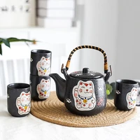 ceramics coffee tea set lucky cat pink black japanese bone china kettle cup pot water ware household kitchen supplies drinkware