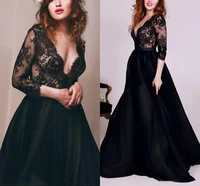 2020 vintage deep v neck 34 length sleeves lace evening dresses black prom gowns formal party dress vestidos de noiva
