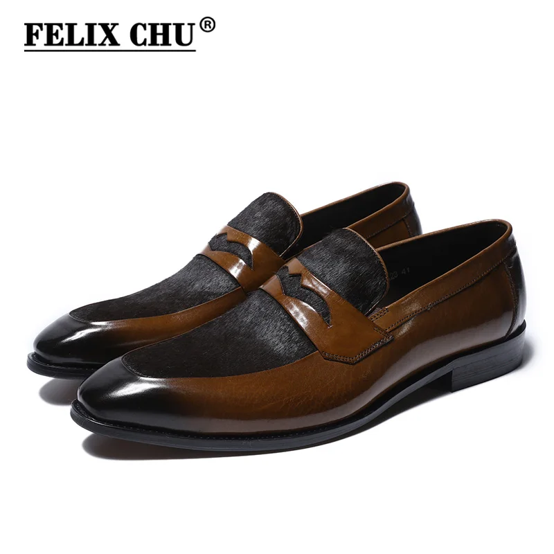 FELIX CHU 2020 Brand Designer Men Brown Penny Loafers Patchwork Genuine Leather And Horsehair Casual Slip On Black Dress Shoes | Обувь