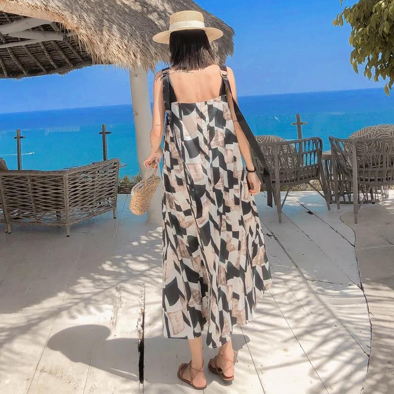 

Long Print Tropical Women Straps Dress Summer Elegant Casual Party Beach Vacation Chiffon Dresses Korean Runway 2020