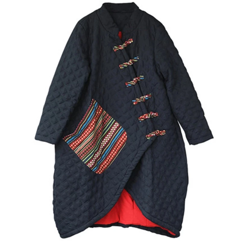 

Женская Стеганая куртка с воротником-стойкой, жаккардовая парка из хлопка и льна с пряжкой в стиле ретро, зимняя одежда из хлопка, 2021