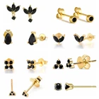 Женские серьги-гвоздики из серебра 925 пробы с инкрустацией черным цирконием