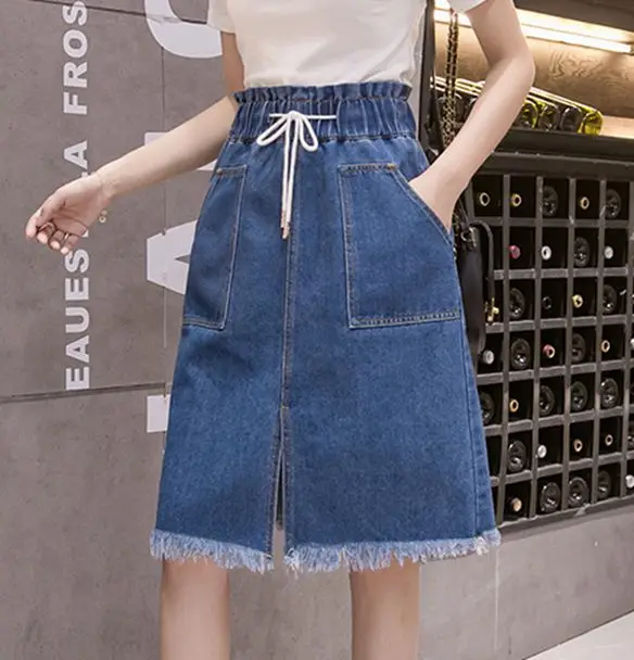 

Elastic Waist Plus Large Size Female Korean Oversized Vintage Women'S Pencil Denim Jeans Skirts Woman Clothes Lady Trendy A6292