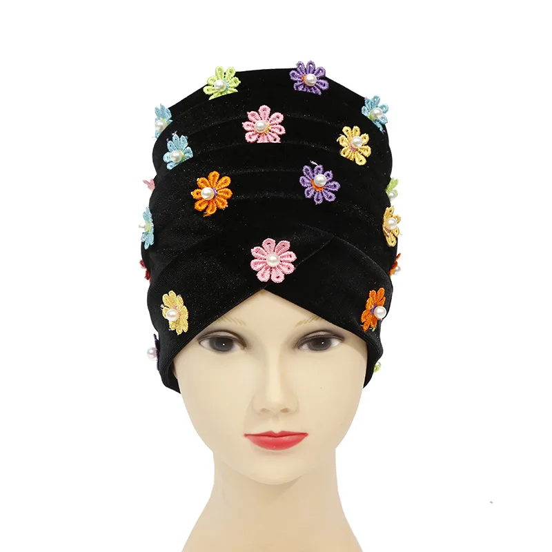 

Velvet Head Wraps for Women Winter Turban Scarf with Pearls Beading Headscarf Bonnet African Hat Turbante Mujer SD012