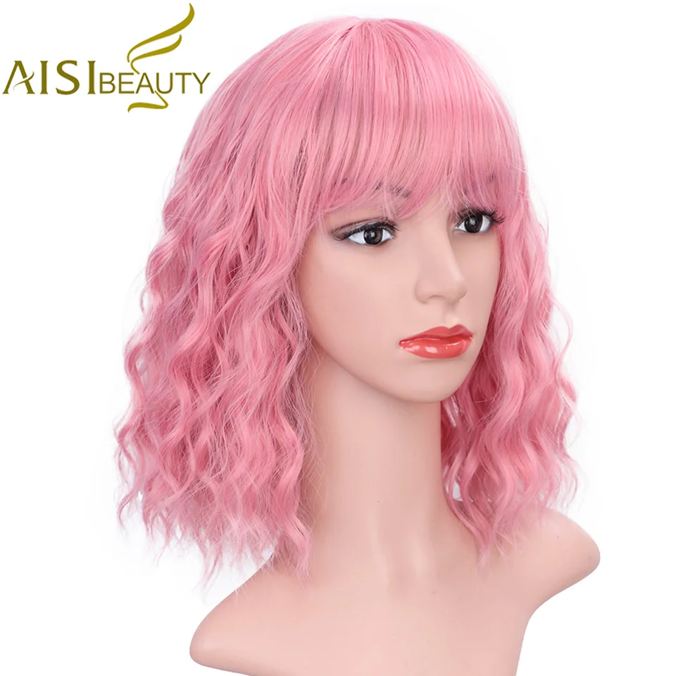 AISI BEAUTY, короткий парик с челкой, волна воды, синтетические парики для женщин, розовый, милый, Лолита, косплей, женский, на каждый день, накладные волосы