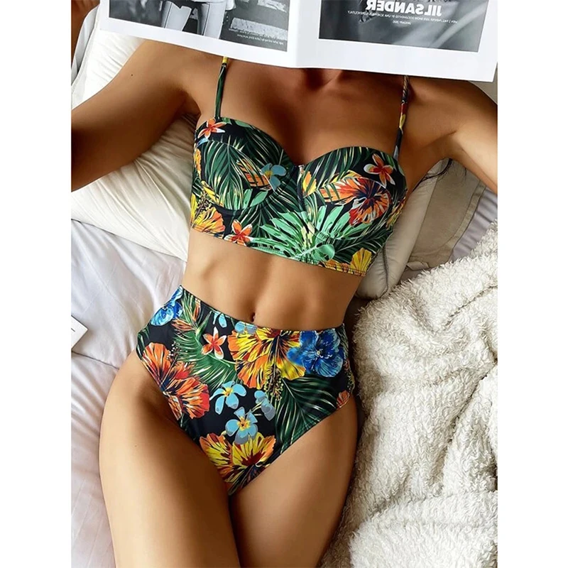 

Mossha Underwired push up bikini Floral print swimwear Bandeau swimsuit women High waist bathing suit Brazilian swimming suit