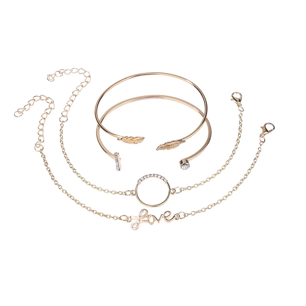 

Personality geometric leaf open diamond bracelet half diamond circle love 4-piece bracelet set blessing bracelet