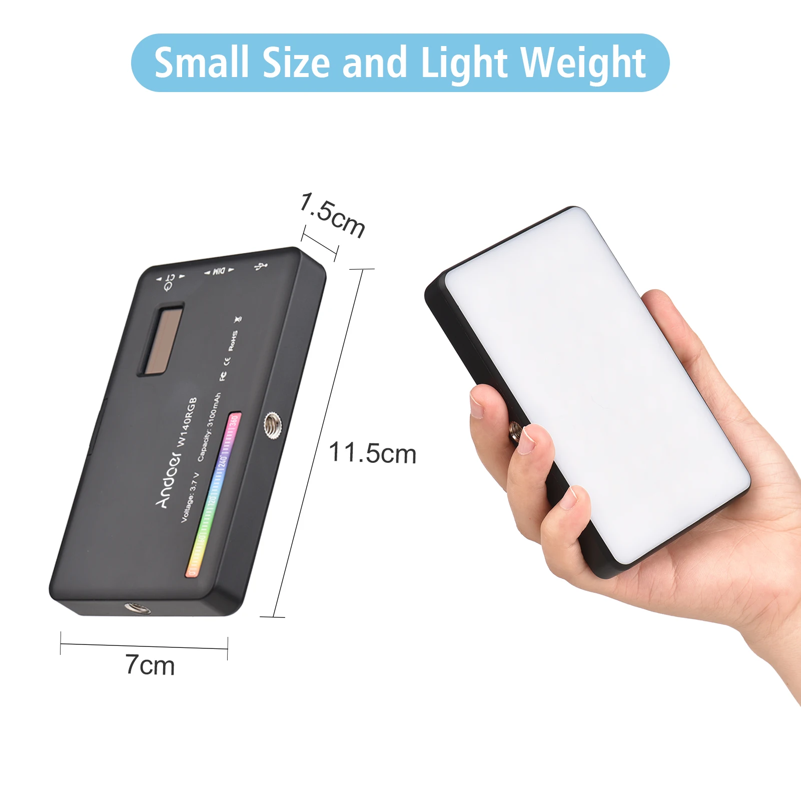 Фотовспышка Andoer W140 RGB LED с CRI95+ 2500-9000K, диммируемая, с 20 эффектами освещения, ЖК-дисплеем и холодным башмаком.