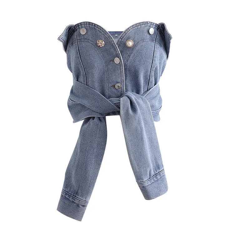 

Summer Fashion Women's Sleeves Knotted Denim Chest Wrapped Ultra Short Casual Wear Thin Vest