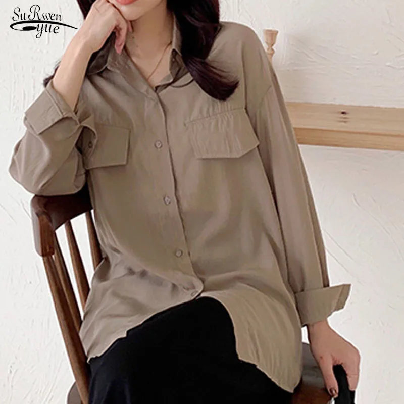 

Blusas Long Sleeve Women Tops Blouse Vintage Woman Shirt Loose Chiffon Shirt Pocket Chic Solid 2021 Summer Ladies Clothing 10008