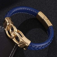 fashion jewelry for men blue leather bracelet golden stainless steel handcuffs bracelets magnetic buckle casual wristband sp0743