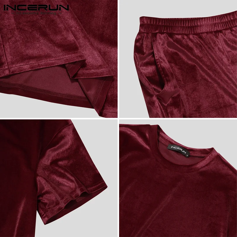 

Men Casual Sets Velour Solid Color O Neck Short Sleeve T Shirt Elastic Waist Shorts Streetwear Summer Cozy Mens Suits INCERUN