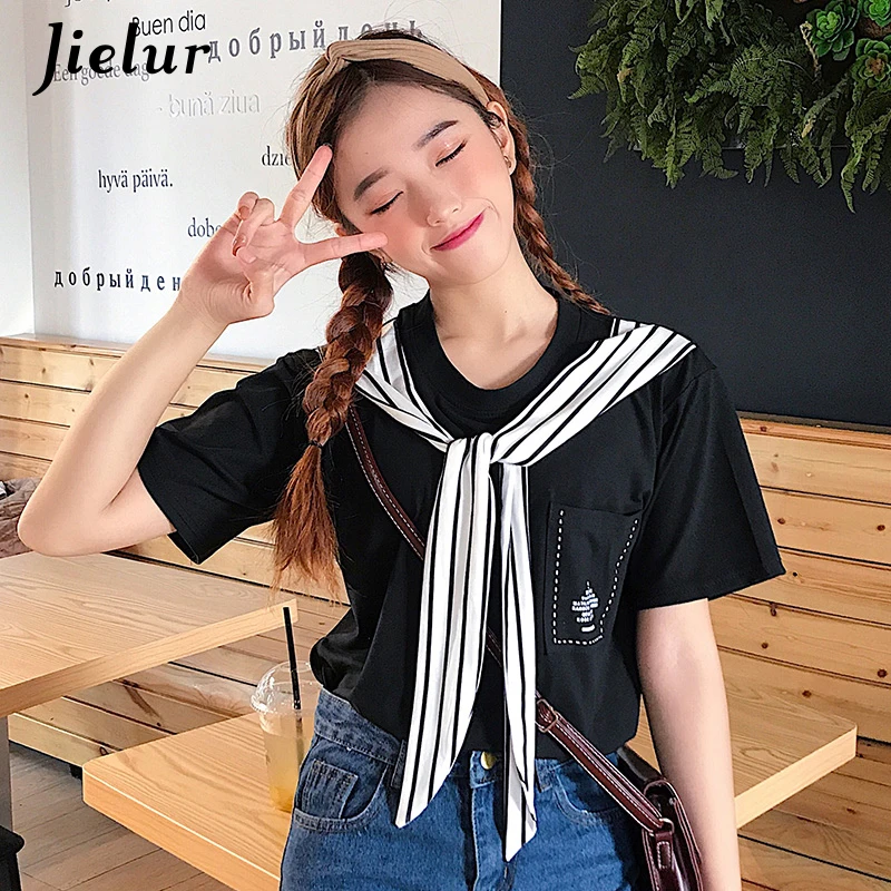 Jielur T-shirts for Women College Student Young Chic Pocket Striped Sailor Collar Top Summer White Letter Kawaii Tee Shirt Femme | Женская