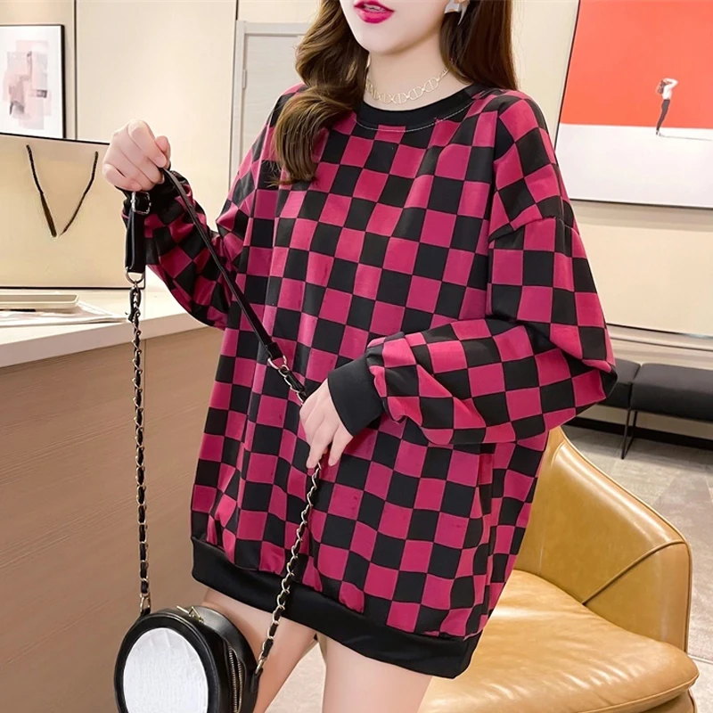 

autumn Hoodies Women plaid thin Sweatshirt Streetwear Harajuku Oversized Pullovers Korean Fashion Long Sleeve clothes for teens