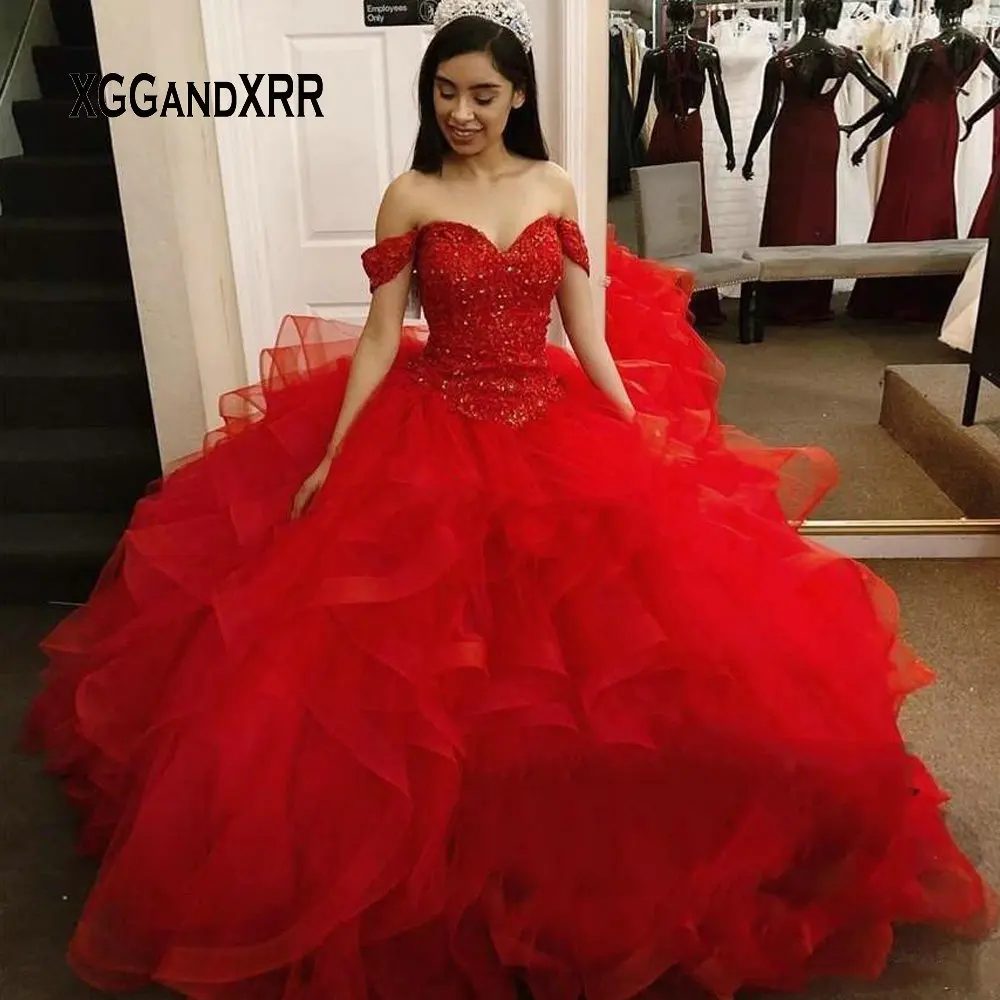 

Elegant Red Ball Gown Quinceanera Dresses 2020 Sweetheart Off Shoulder Lace Applique Beading Ruffule Organza Sweet 16 Prom Dres