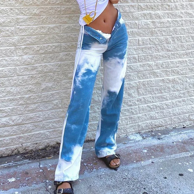 

Tie Dye PrintWide Leg Denim Pants Women Y2K Harajuku Casual High Waist Pants Capris Pocket Trousers Streetwear Joggers