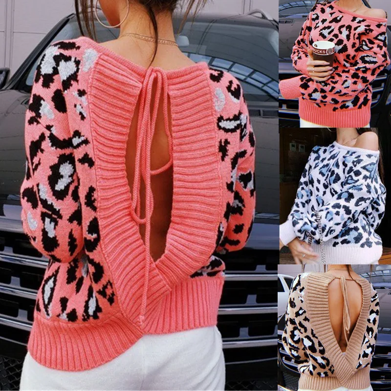 

Women Sexy Leopard Bandage Backless Knit Long Sleeve Pullover Sweater 2021 Fall Winter Fashion Casual Plus Size Harajuku Sweater