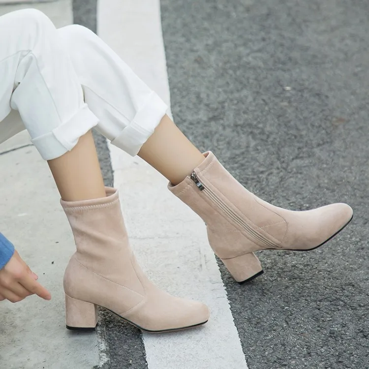 Размера плюс 12 13Fur-faced с круглым носком на квадратном высоком каблуке Сапоги