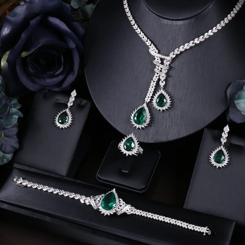 Janekelly зеленое свадебное ожерелье серьги для женщин аксессуары цветок кубический