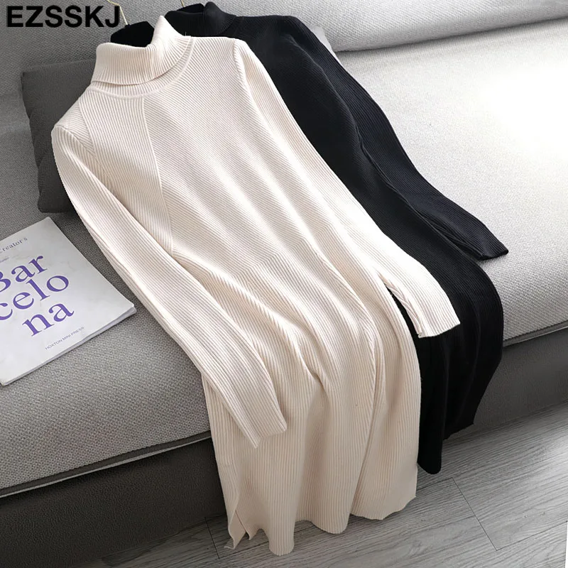

Однотонное плотное платье 2021, теплое осенне-зимнее платье-свитер средней длины с высоким воротником, женское облегающее женское платье-сви...