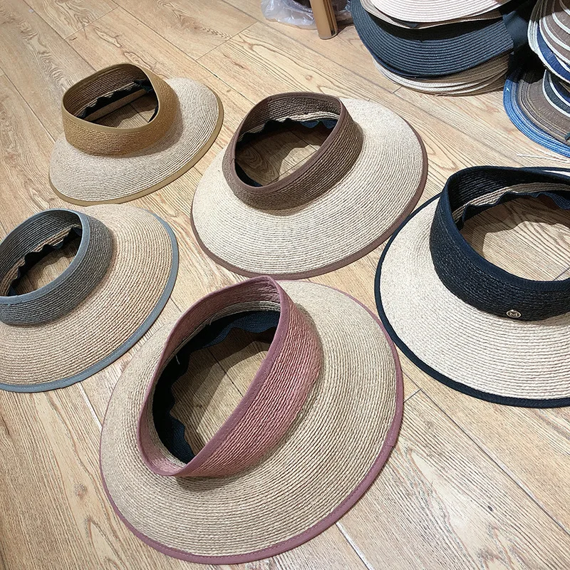 

202103-2509320 new HANDMADE raffia grass color patchwork without Sunscreen lady sun hat women leisure visors cap