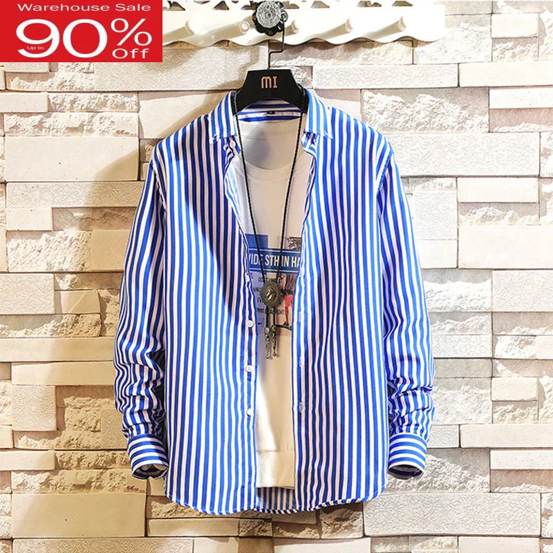 Мужская Тонкая рубашка в полоску с длинным рукавом Корейском стиле для мальчиков