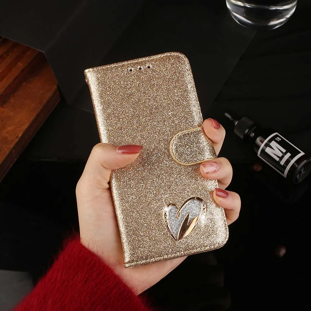 Gold Роскошный чехол-кошелек для samsung S9, S8, S10 Plus, блестящий чехол С Откидывающейся Крышкой в виде сердца, подставка, мягкий кожаный чехол для Galaxy S7 edge, Note 8 - Цвет: Gold